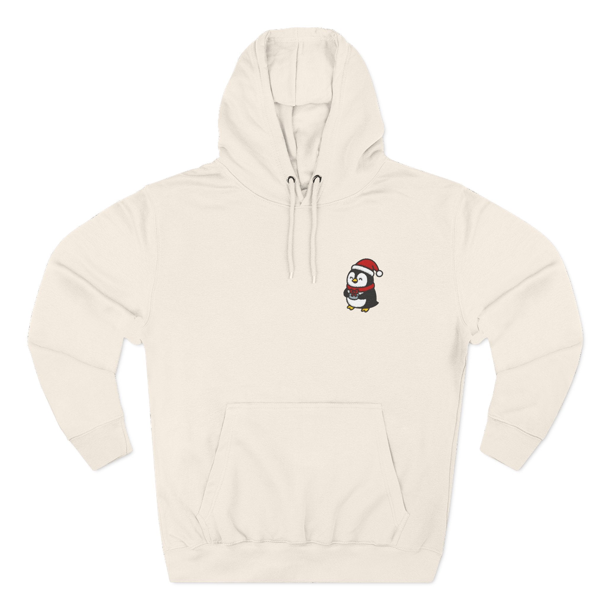 Embroidered Penguin with Present Hoodie — Cozy Holiday Fleece Hoodie