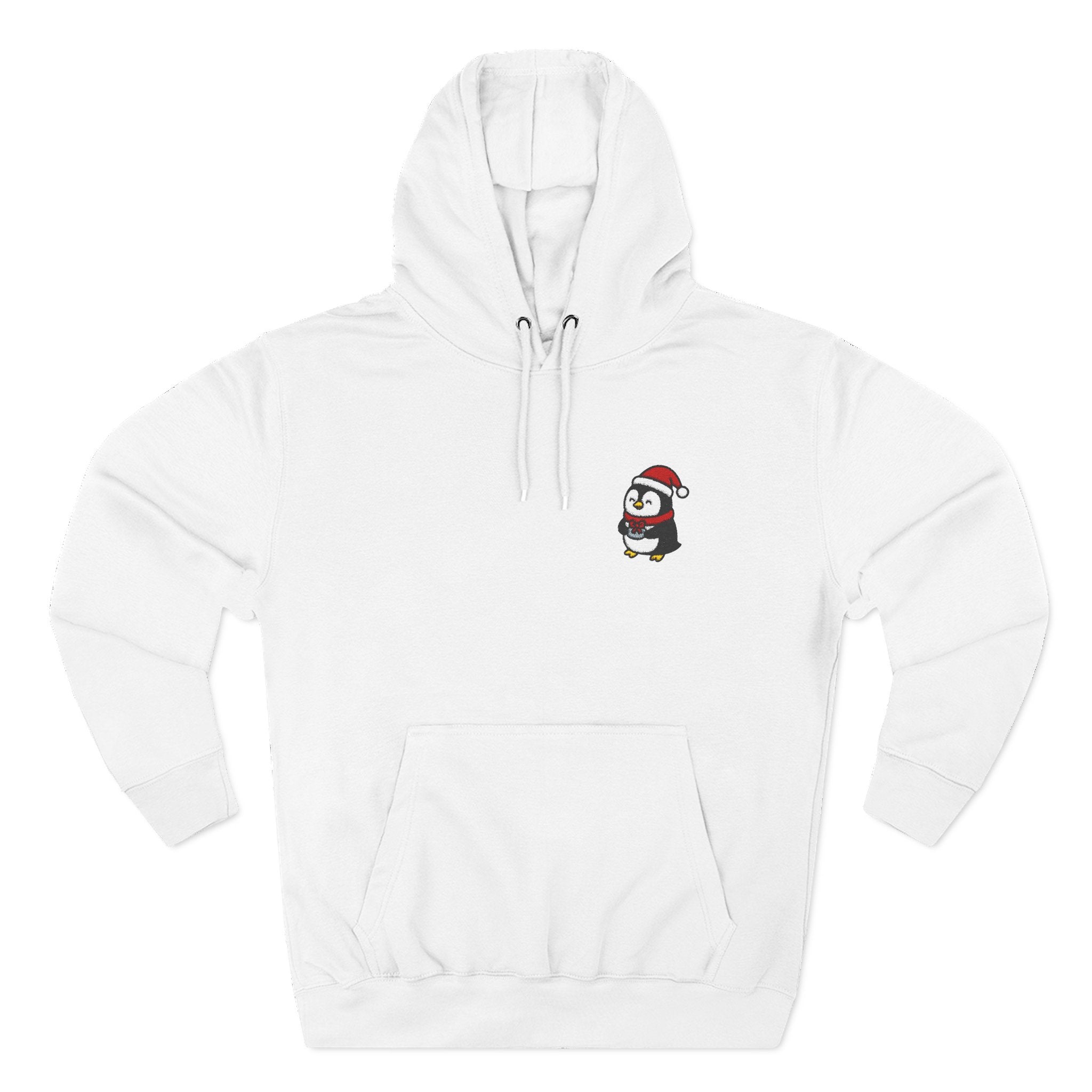 Embroidered Penguin with Present Hoodie — Cozy Holiday Fleece Hoodie