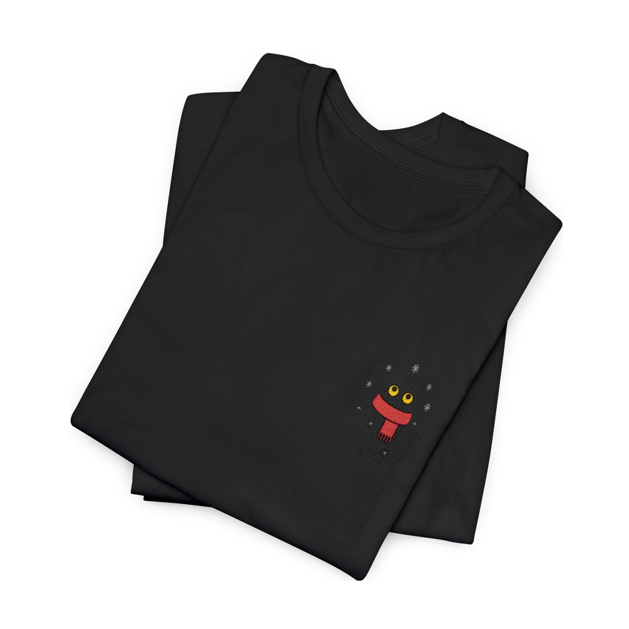 Embroidered Black Cat in the Snow T-Shirt