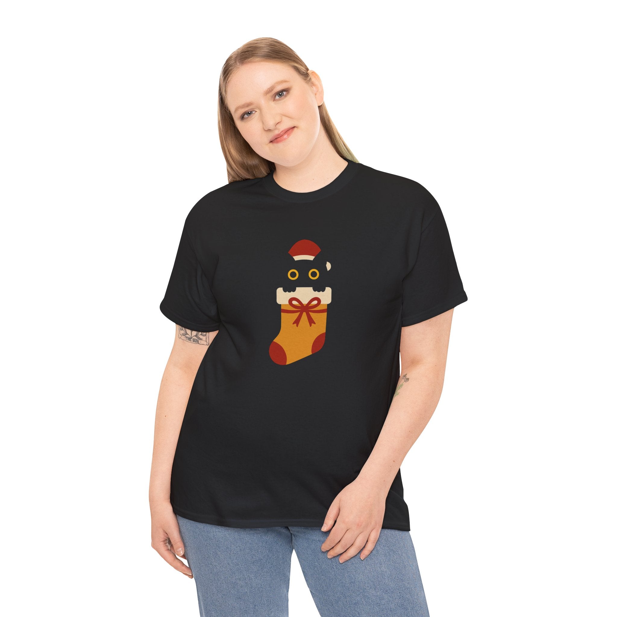 Black Cat in Stocking Christmas T Shirt