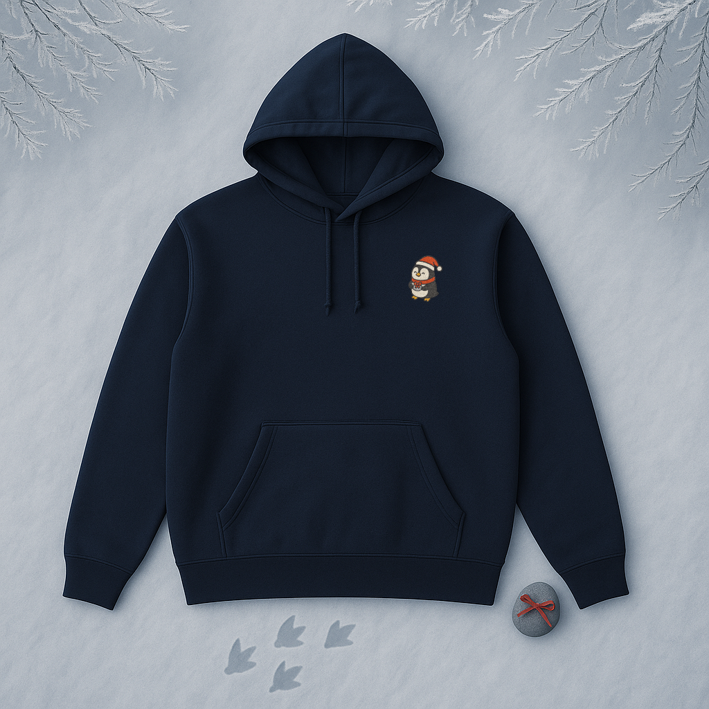 Embroidered Penguin with Present Hoodie — Cozy Holiday Fleece Hoodie