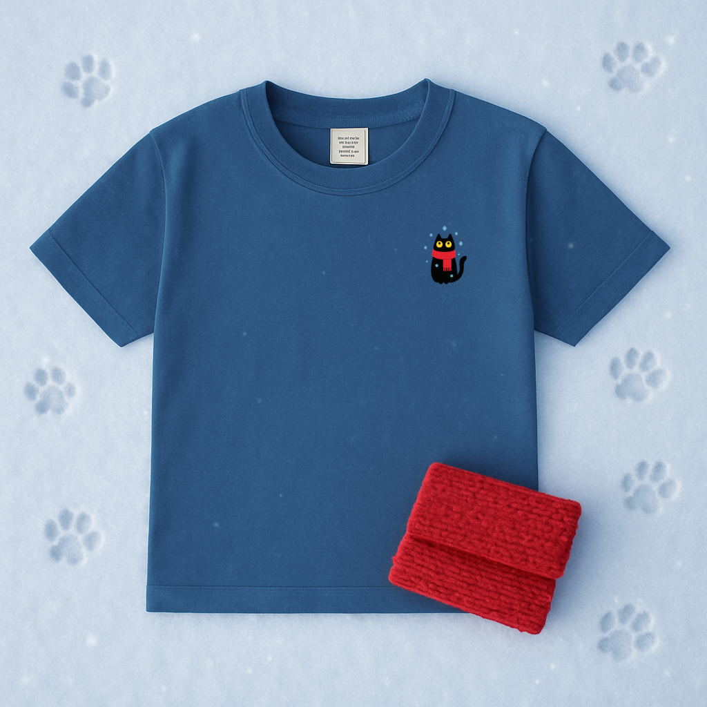 Embroidered Black Cat in the Snow T-Shirt