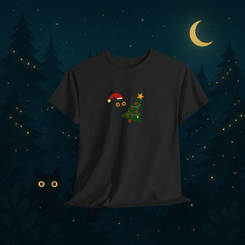 Black Cat Knocking Over Christmas Tree T Shirt