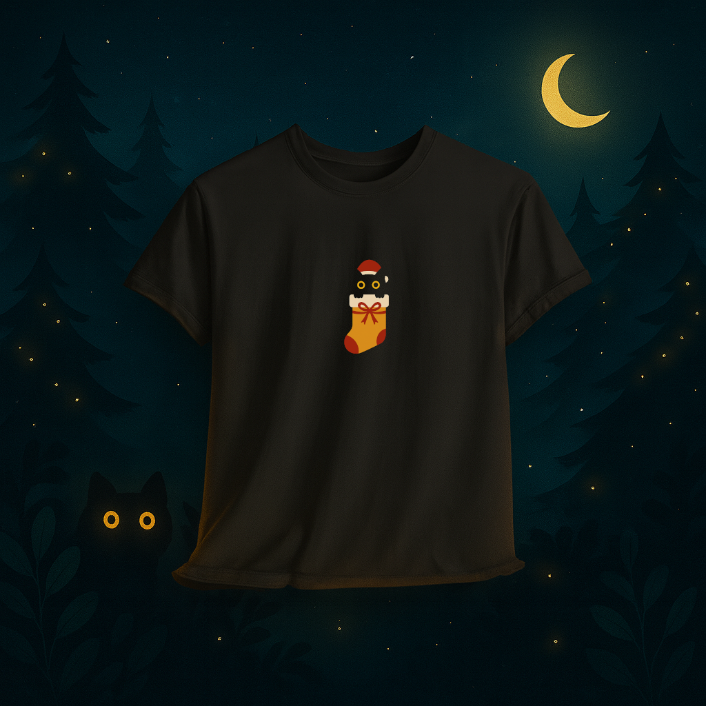Black Cat in Stocking Christmas T Shirt