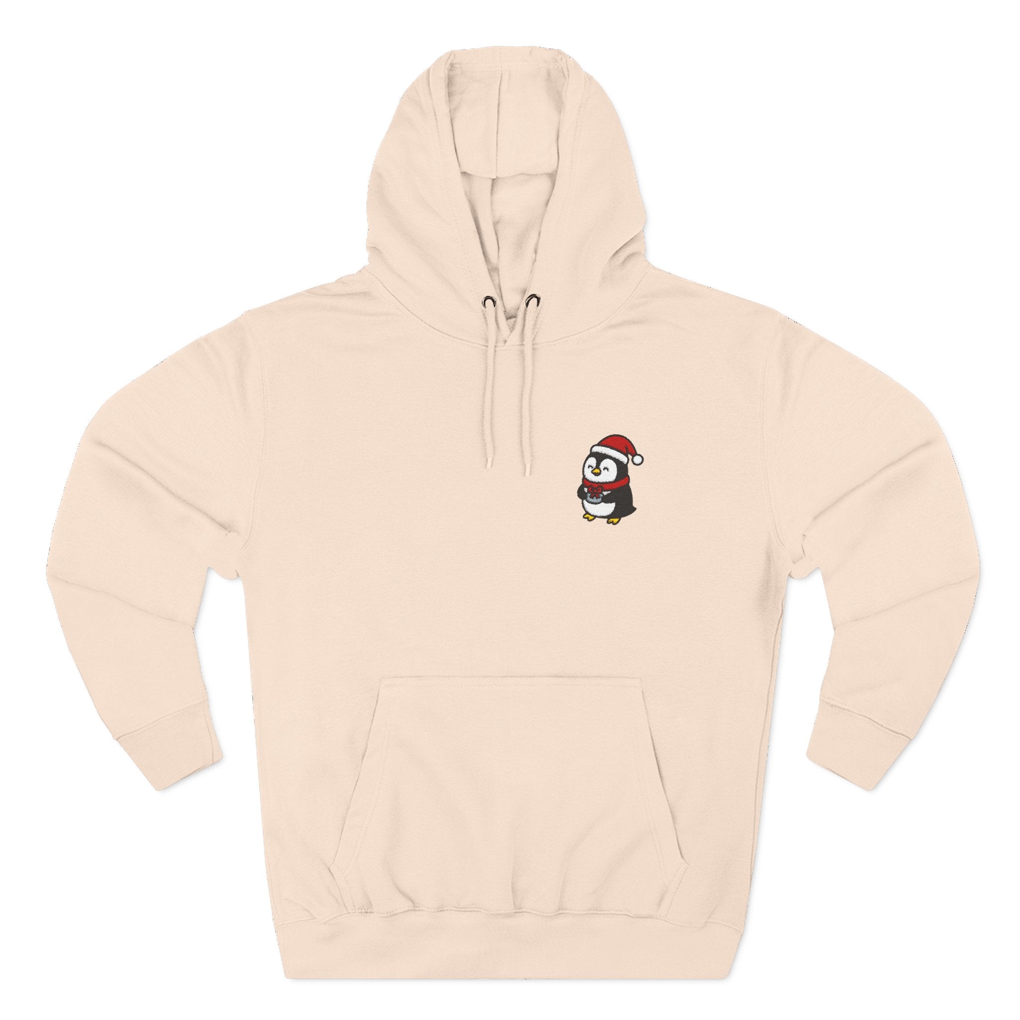 Embroidered Penguin with Present Hoodie — Cozy Holiday Fleece Hoodie
